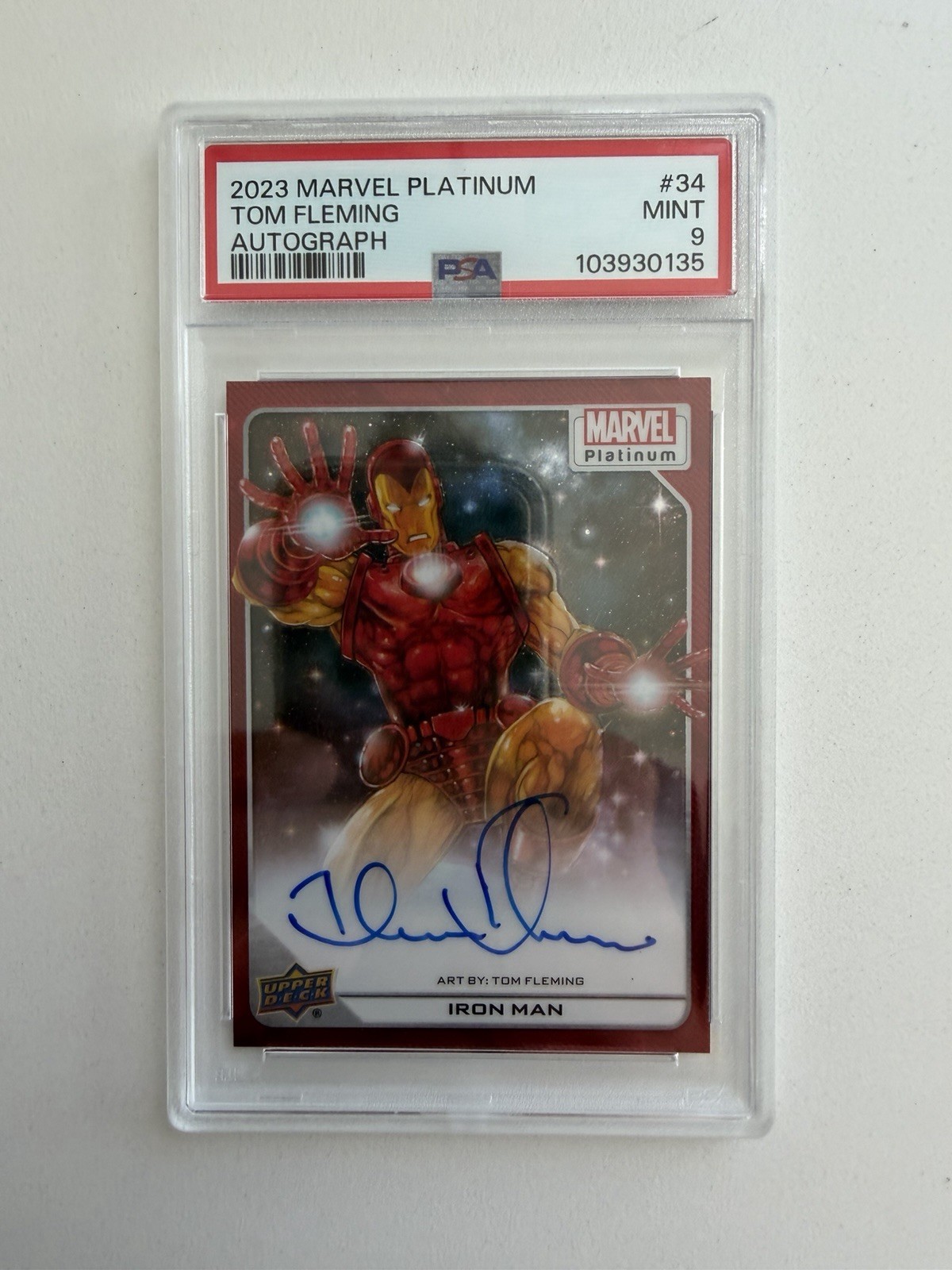 2023 Marvel Platinum Red Rainbow Artist Iron Man Tom Fleming #34 Autograph PSA 9