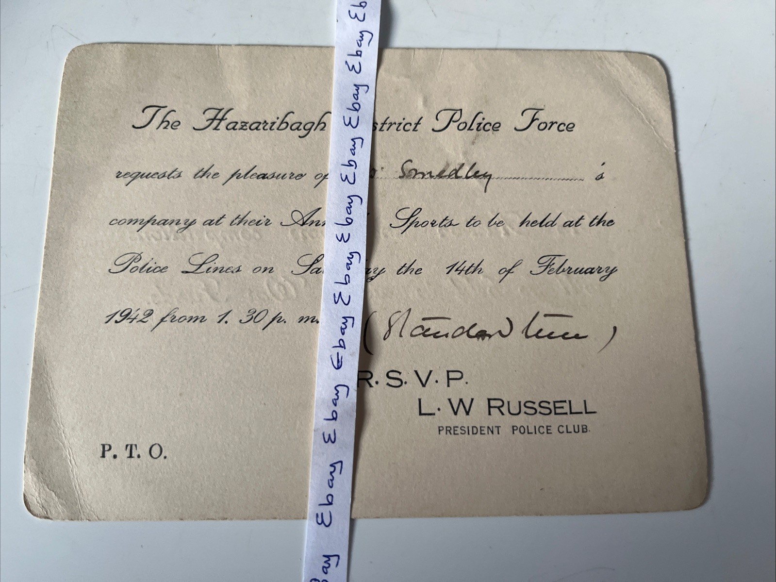WW2 War Funds Auction Hazaribagh District Police Force India February 1942