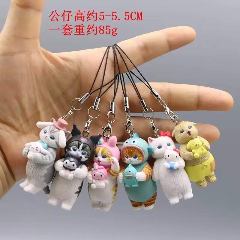 6pcs/set New Mofusand Cinnamoroll Kuromi Figures PVC Doll Keychains Phone Charm