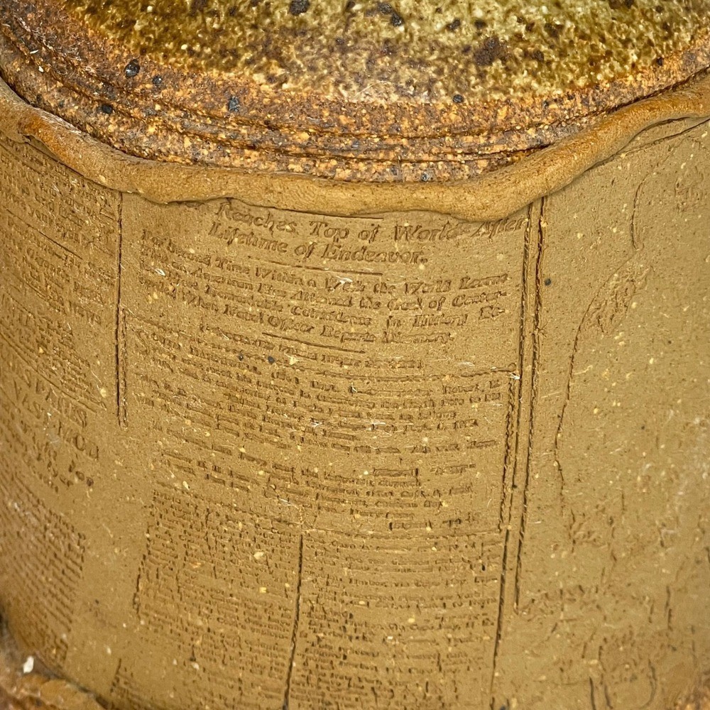 Studio Pottery Newspaper Transfer Stoneware Jug Folk Art Speckled Glaze Crock