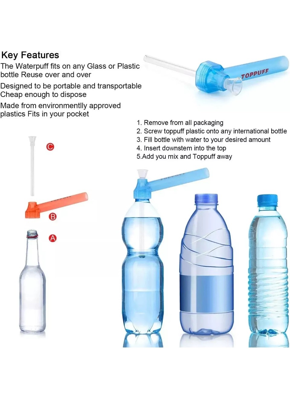 3 Unit Premium Portable Hookah Screw on Bottle Water Glass Bong