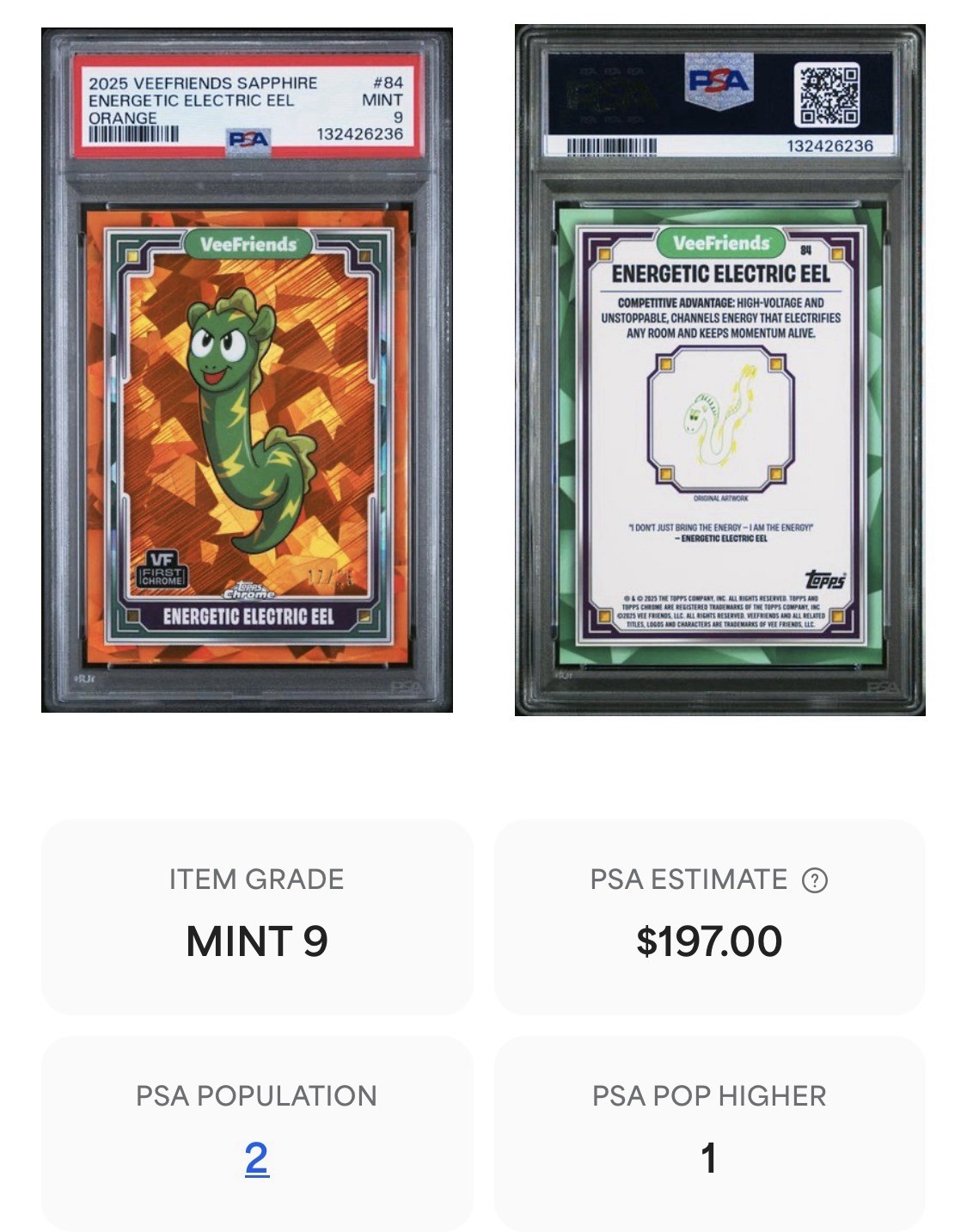 ⚡️2025 Topps Chrome VeeFriends Sapphire PSA 9 Pop 2 Energetic Electric Eel 17/25