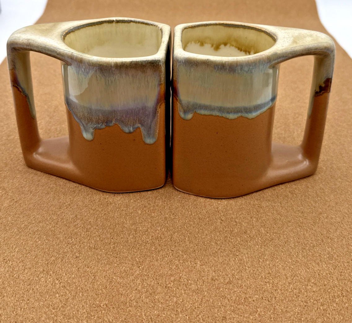 Set of 2 RODOLFO PADILLA Signed Mugs Stacking Drip Glaze Stoneware Tan Blue