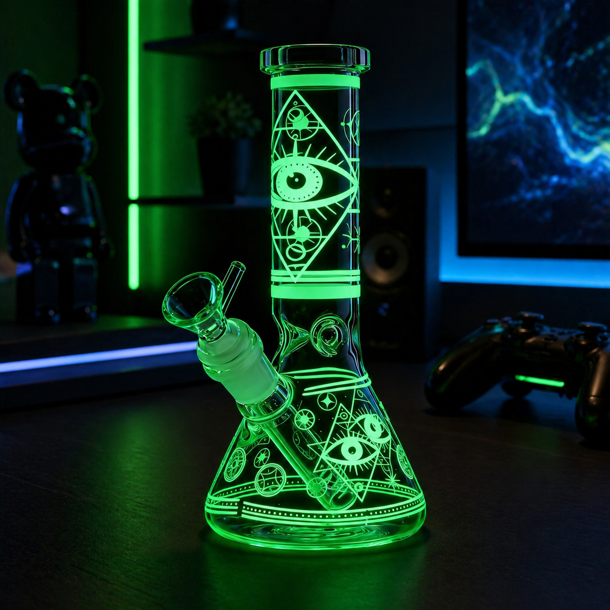 8″Eye Glow in Dark Glass Bong Water Pipe Beaker 14mm Bowl Smoking Tobacco Screen