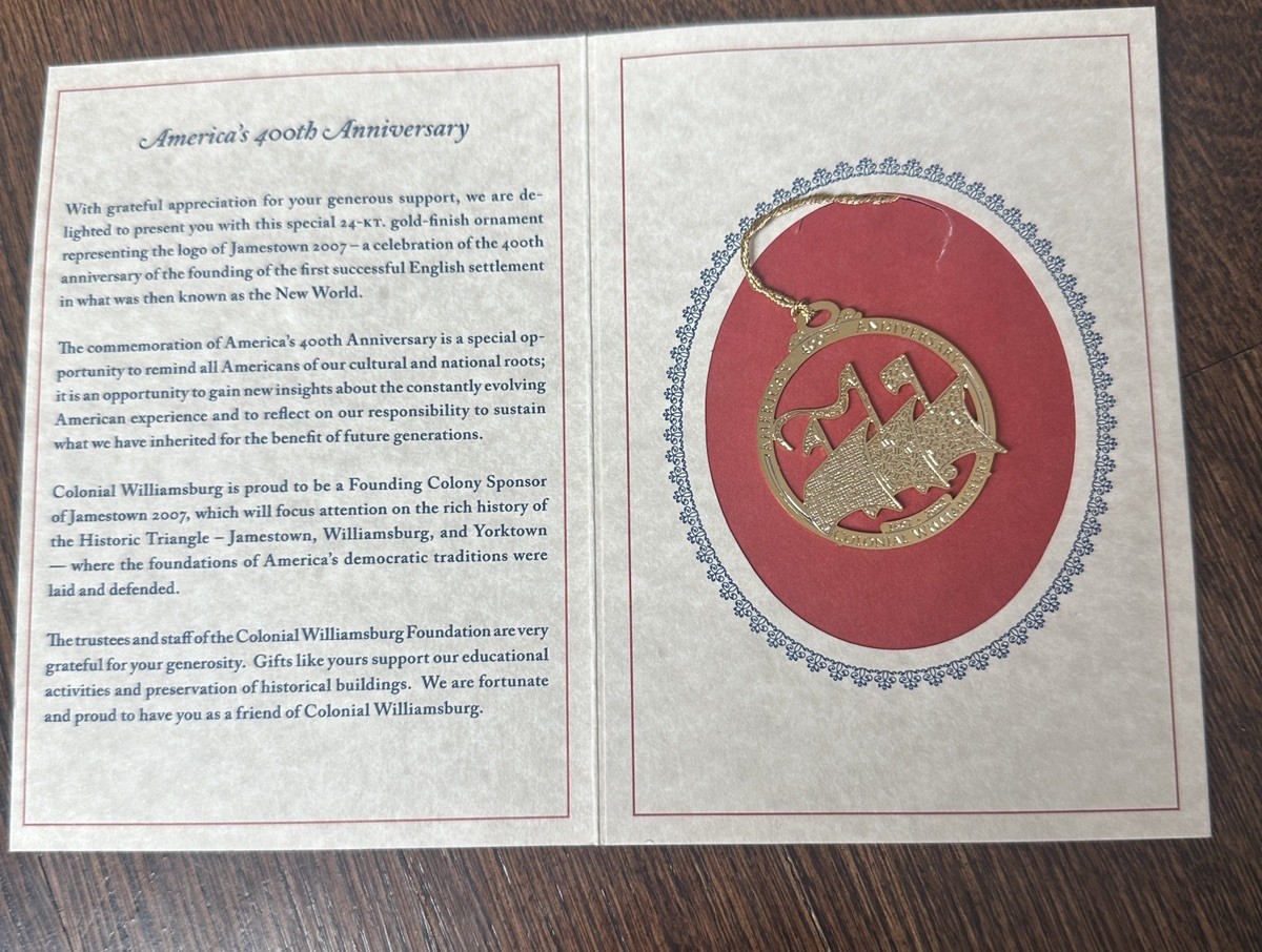 Colonial Williamsburg Gold Plate Christmas Ornament 2007 400th Anniversary