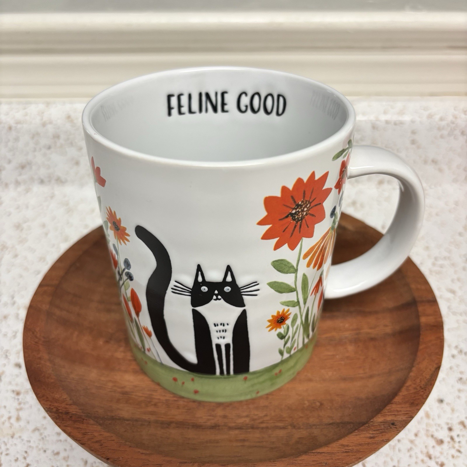 Prima Design MUG „Feline Good“ Cat Lover Coffee Tea Cup Tuxedo Cat Flowers NEW