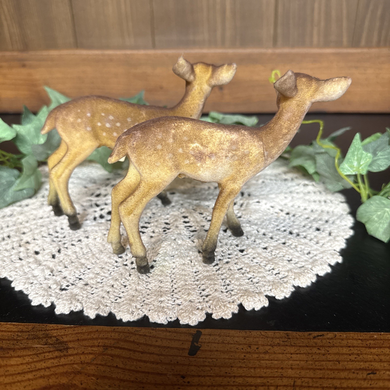Vintage Flocked Deer Does Velvet/Felt Amber Glass Eyes Decor Hong Kong Set Of 2