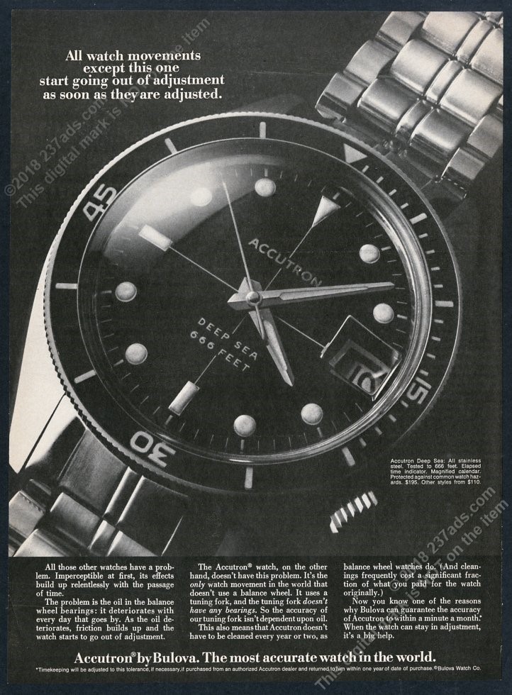 1970 Bulova Accutron Deep Sea diver diving watch photo vintage print ad