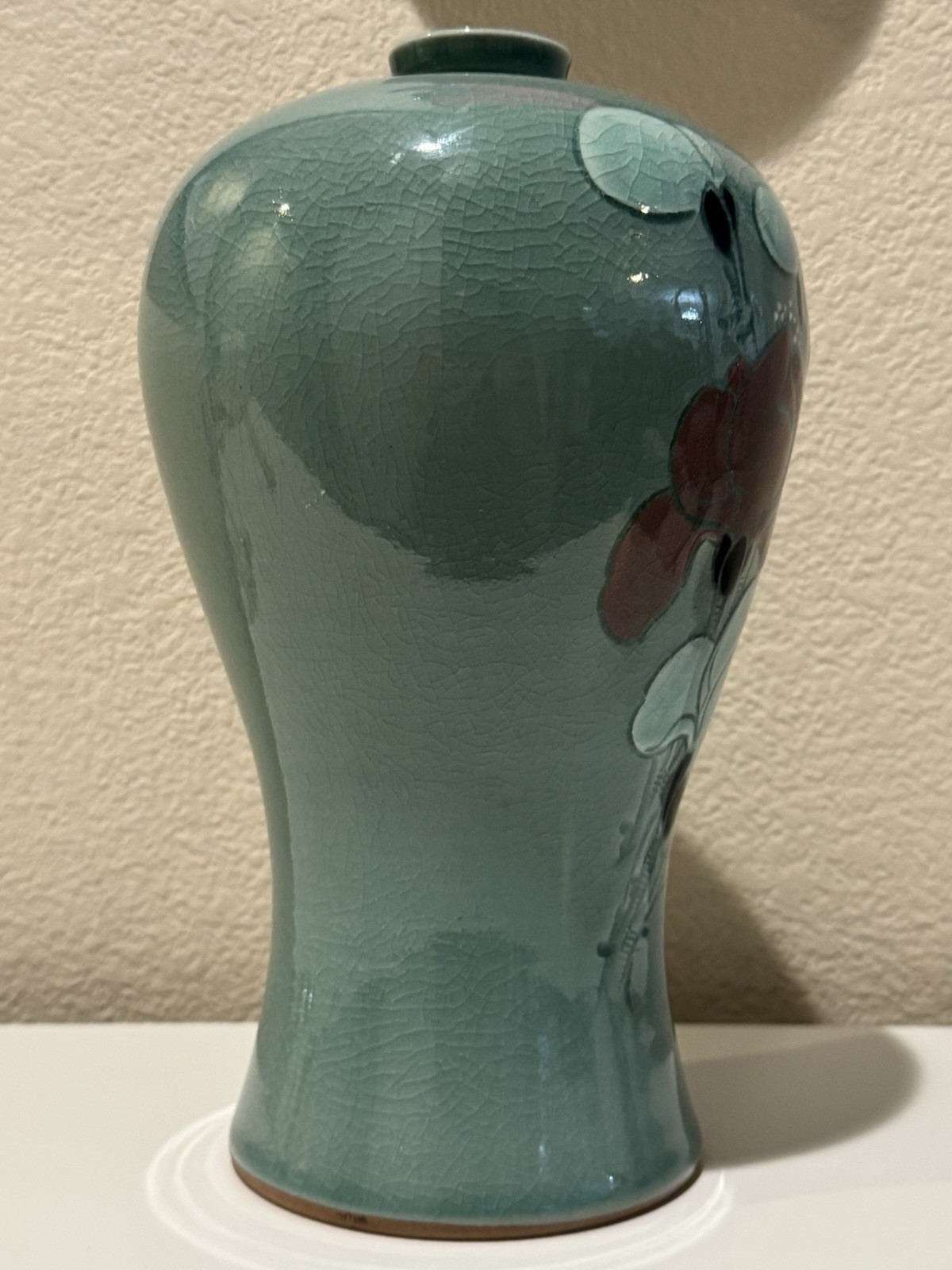 VTG Chinese Longquan Celadon Meiping Crackle Glaze Vase 10.5” Tall Floral Motif