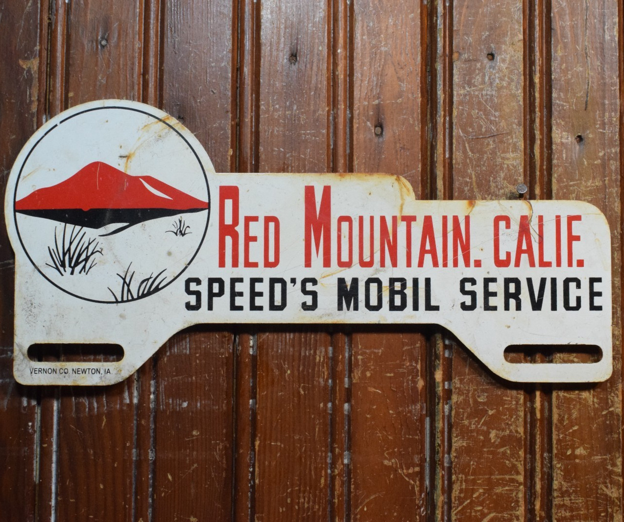 MOBIL SERVICE RED MOUNTAIN CALIFORNIA PAINTED METAL TOPPER SIGN VINTAGE 1950s