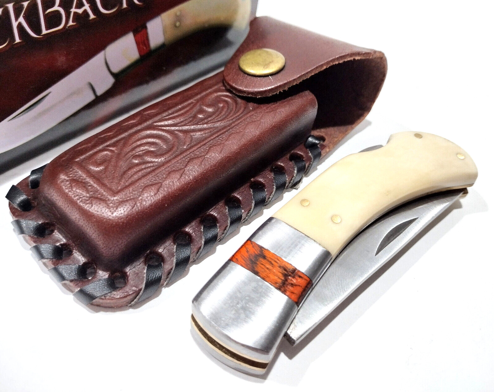 Buck White Bone Hunting Skinning Lockback Folding Pocket Knife + Leather Sheath