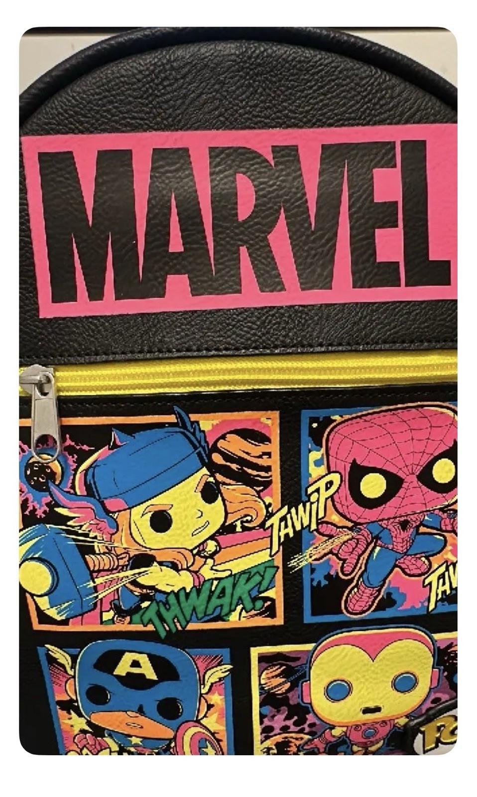 NWT Funko POP! Marvel Black Light Mini Backpack featuring high-contrast pop art
