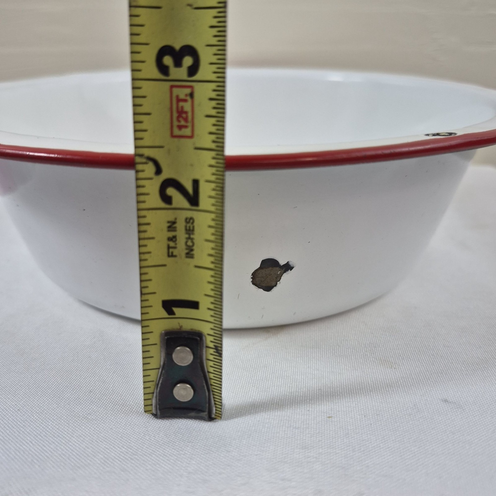 Vintage White Red Rim Enamelware Wash Basin Dish Pan Farmhouse 9.5 in