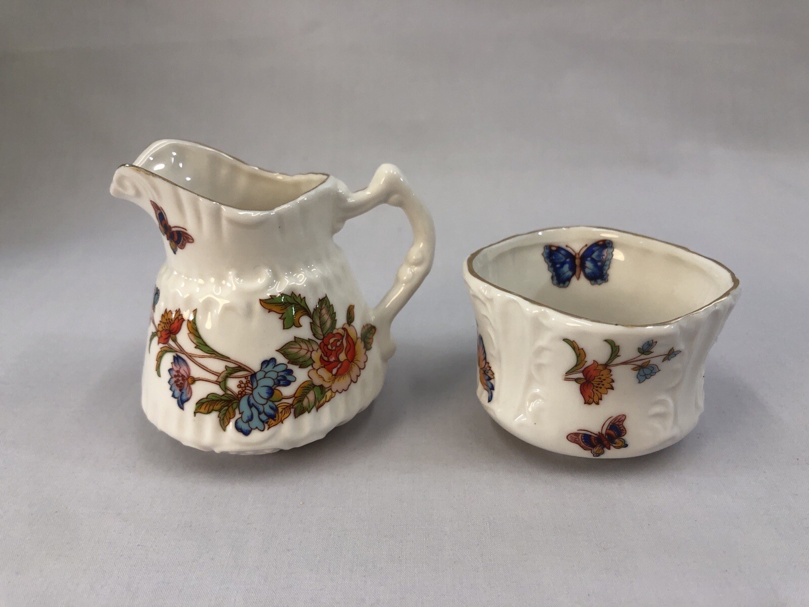 Brinns Floral Creamer & Sugar SET Cup Trinket Dish Gold Accents Bone China