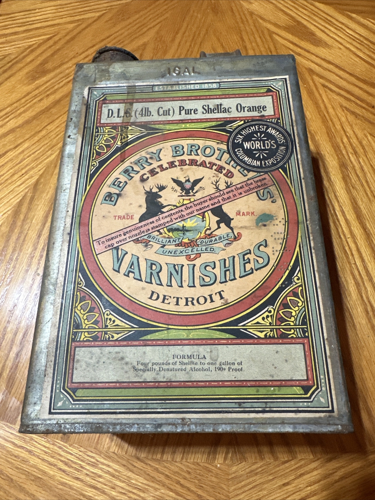 Early 1900’s Berry Brothers 1 gal Varnish Tin Can Detroit Paper Label Beautiful