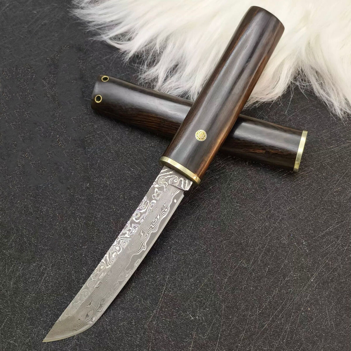 Damascus Outdoor Knife Ebony Handle Sharp Blade for Camping Hiking