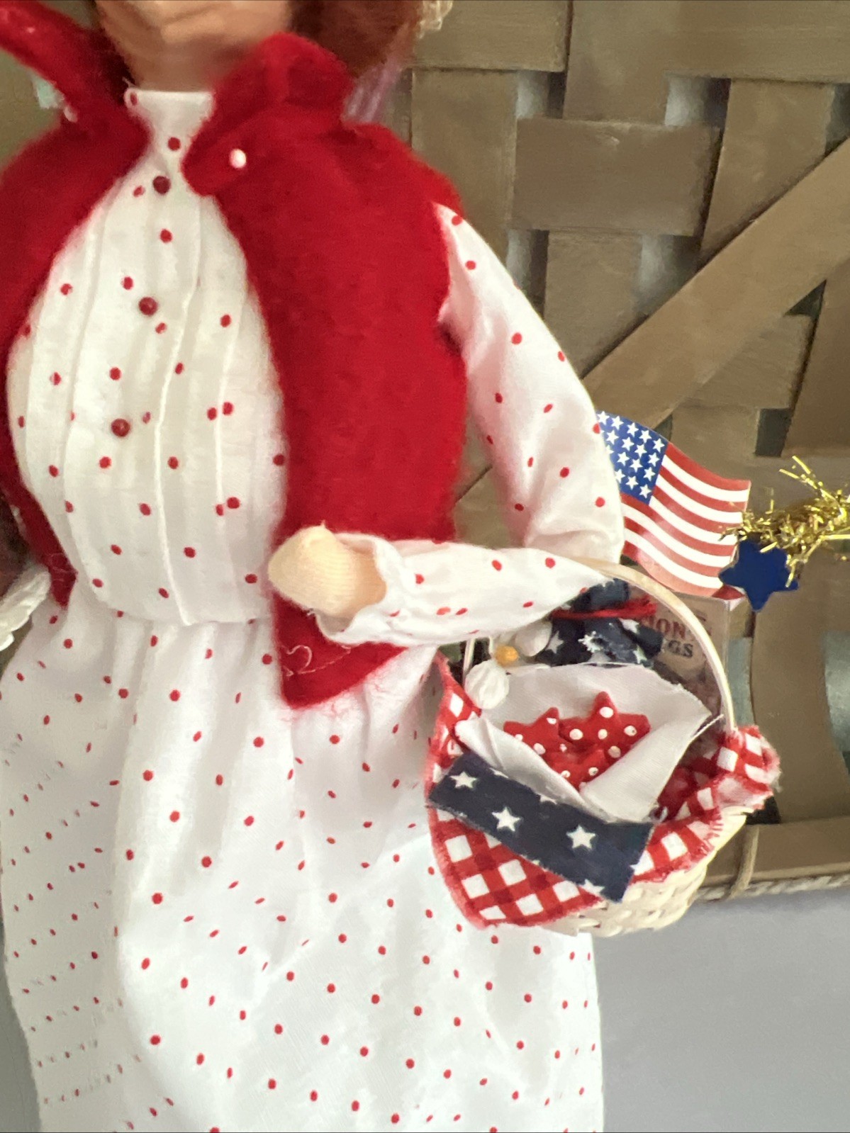 Byers Choice 4th Of July Woman w/Picnic Basket Cake Sparkler & Sign, Redressed