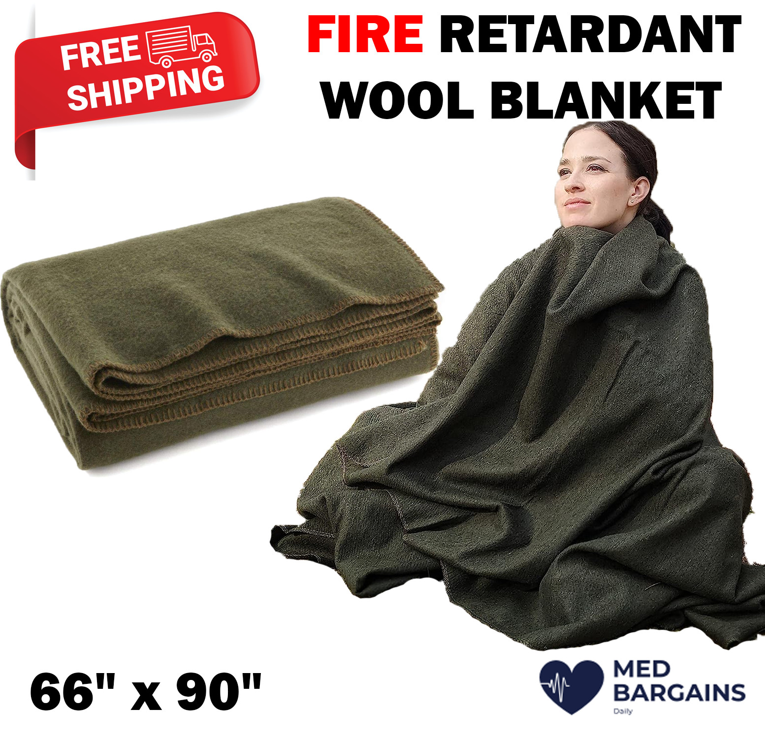 Ever Ready Warm Wool Fire Retardant Blanket 66″ x 90″ US Military Style – Green