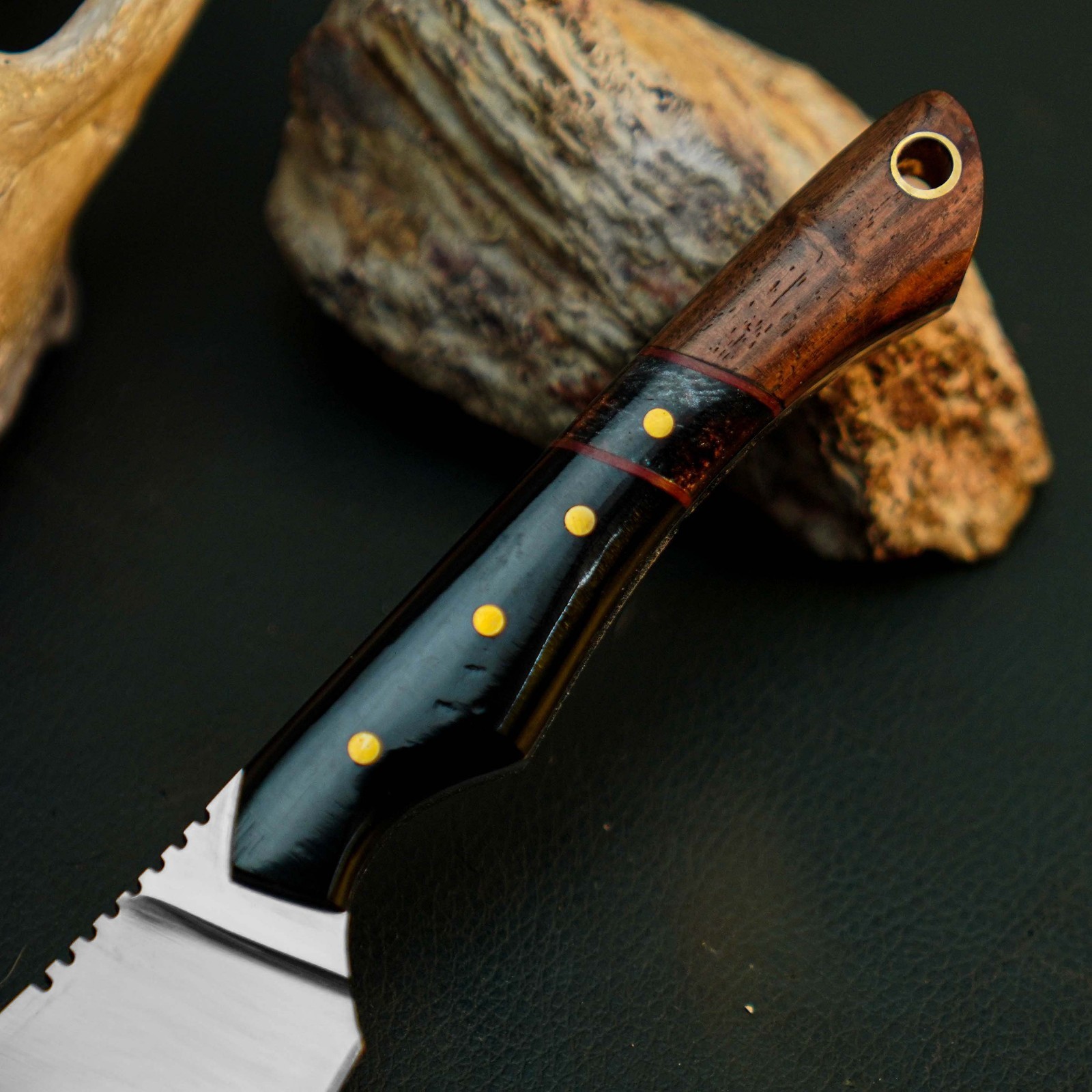 6.6″ D2 EDC Hunting Fixed Blade Knife Full Tang Hybrid Handle Leather Sheath