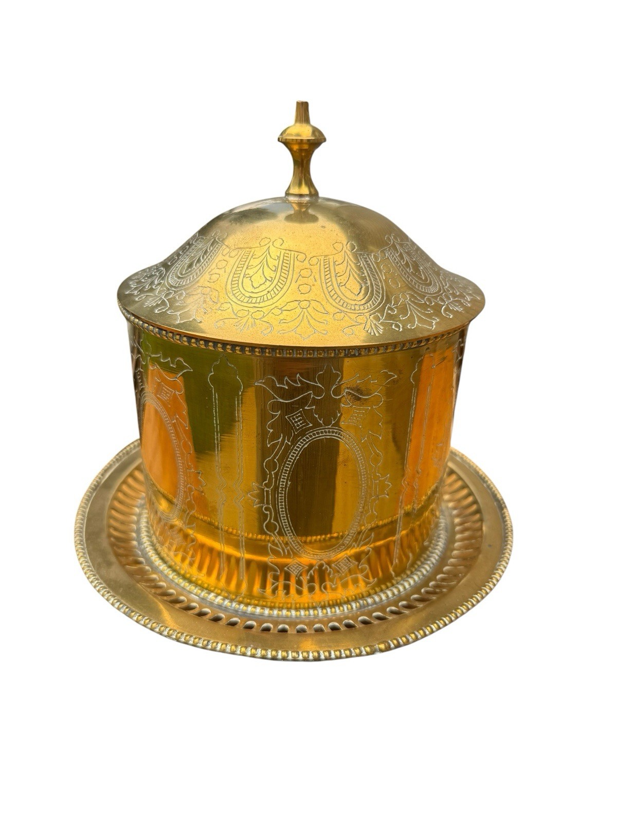 Vintage Brass Tea Biscuit Caddy Box w/ Lid & Attached Footed Under-Plate India