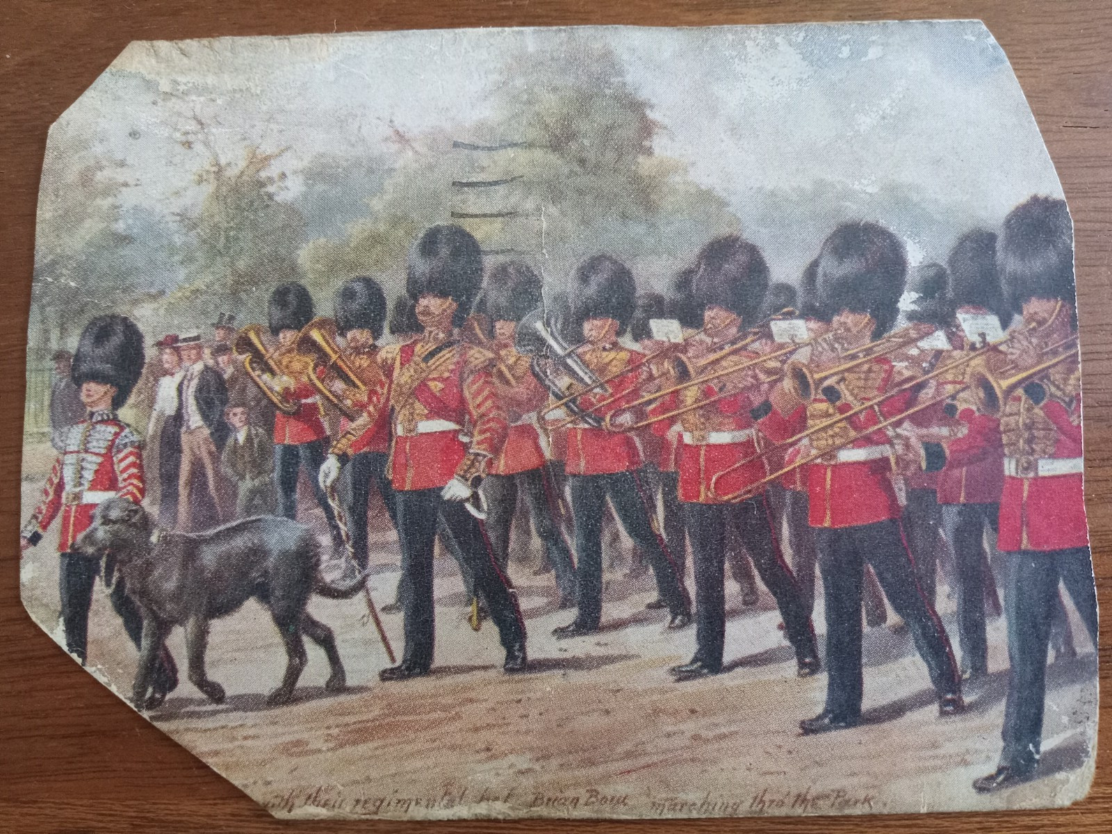 c1930 Irish Guards Marching Band, London, UK, wolfhound, Tuck’s, damaged