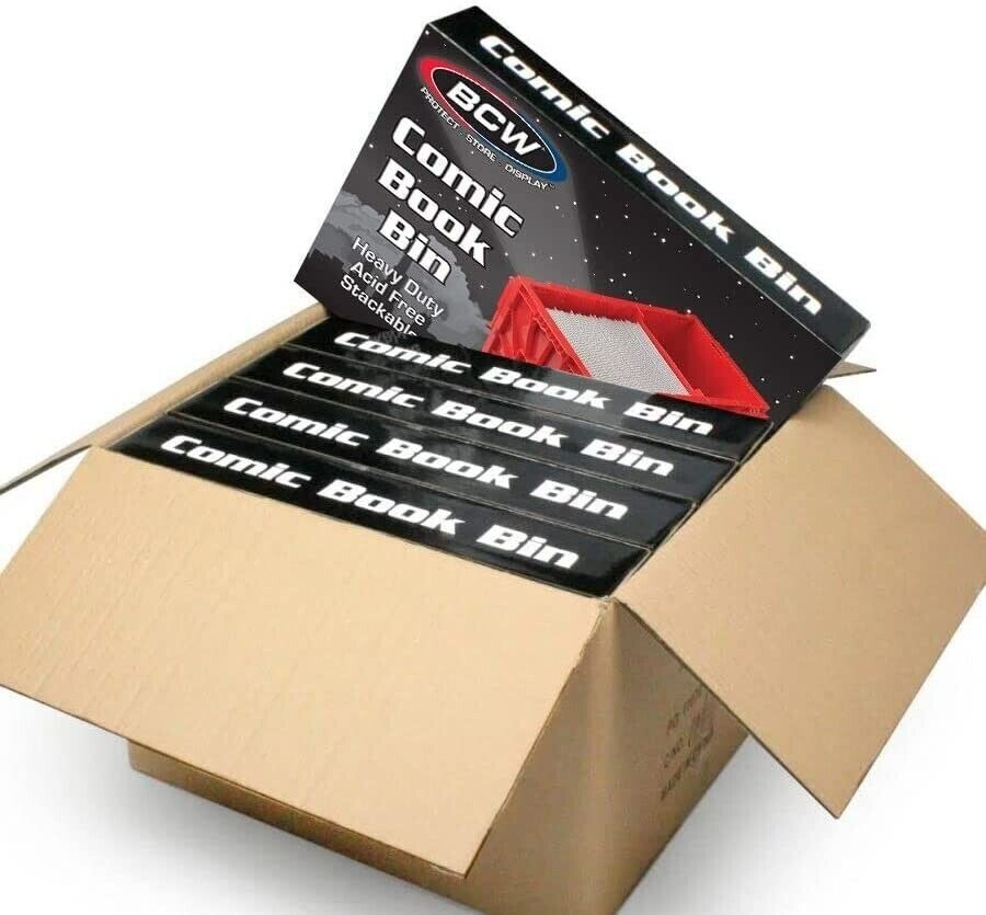 1 Case (5) BCW Brand Short Plastic Comic Book Bin Box Heavy Duty with Lid – RED