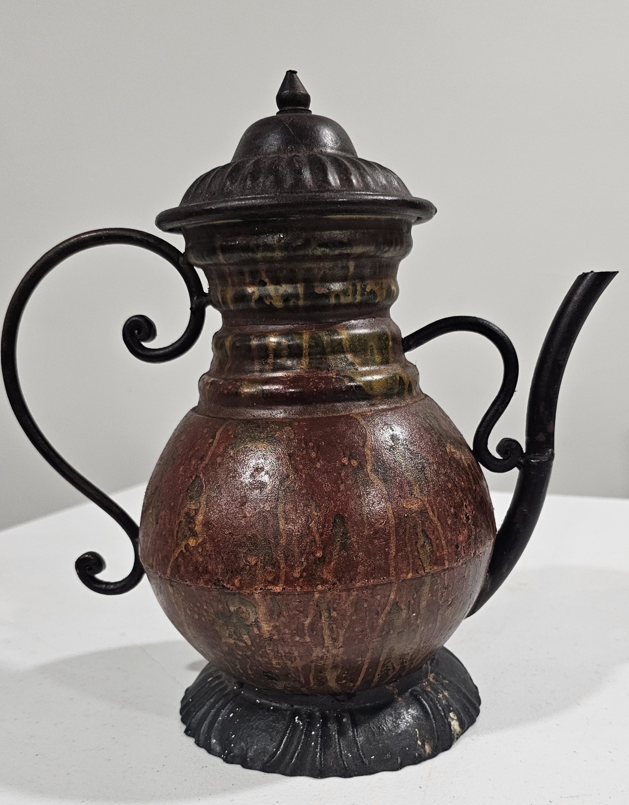 Antique Cast Metal Pitcher Brown Vintage Finish Curved Handle & Spout 11″ H