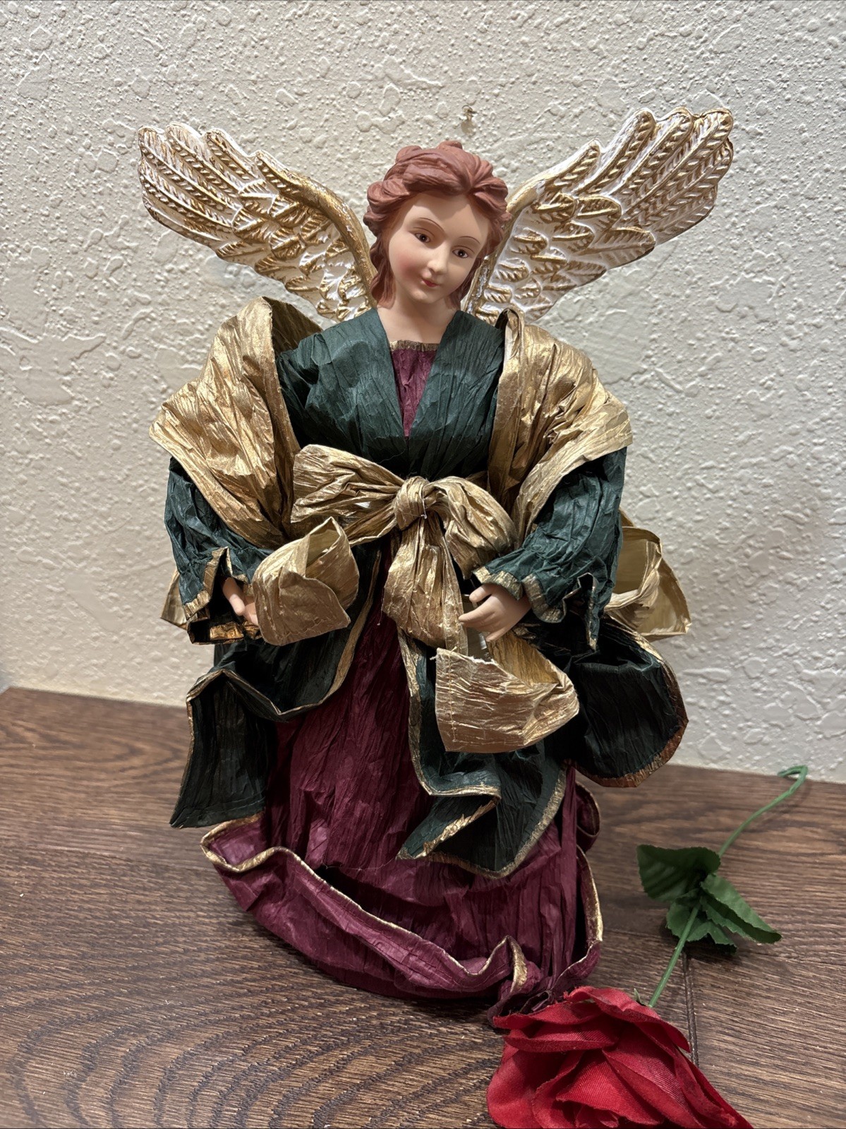 VTG Paper Ribbon & Porcelain Multicolor Angel Christmas Tree Topper Holiday 12”