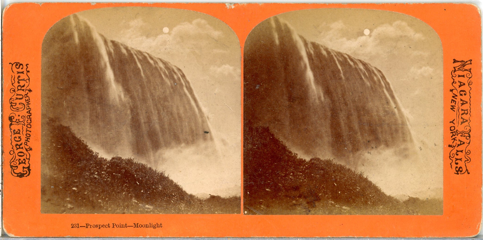 NIAGARA FALLS, Prospect Point-Moonlight–G.Curtis Stereoview P60