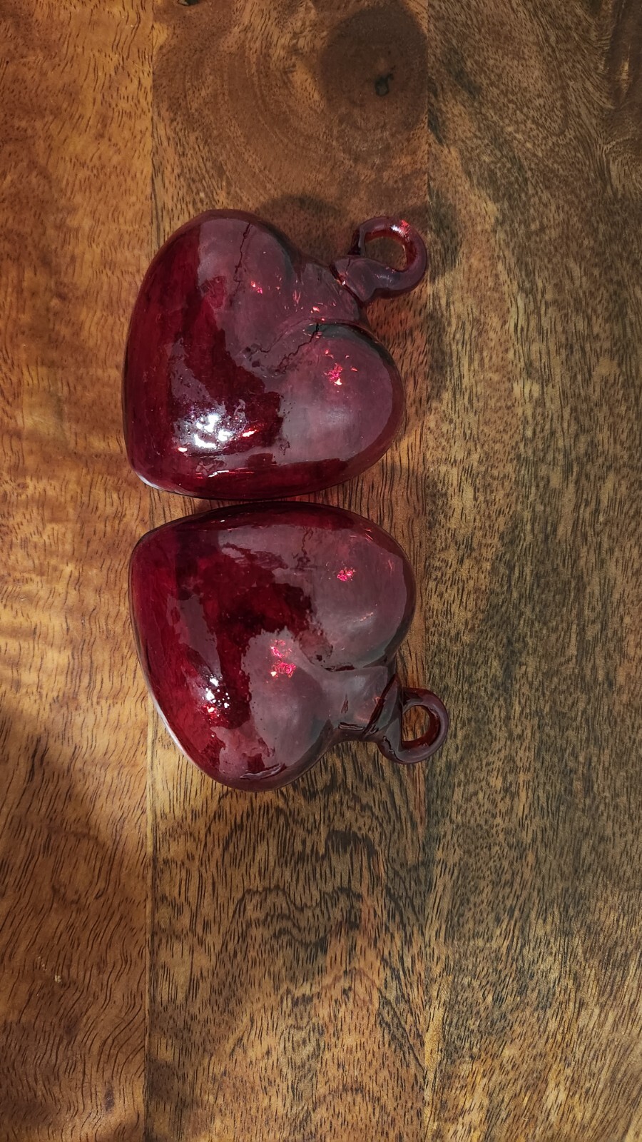 Set of Two Mexican Blown Glass Red hand made Heart Ornament Sun Catcher 3”