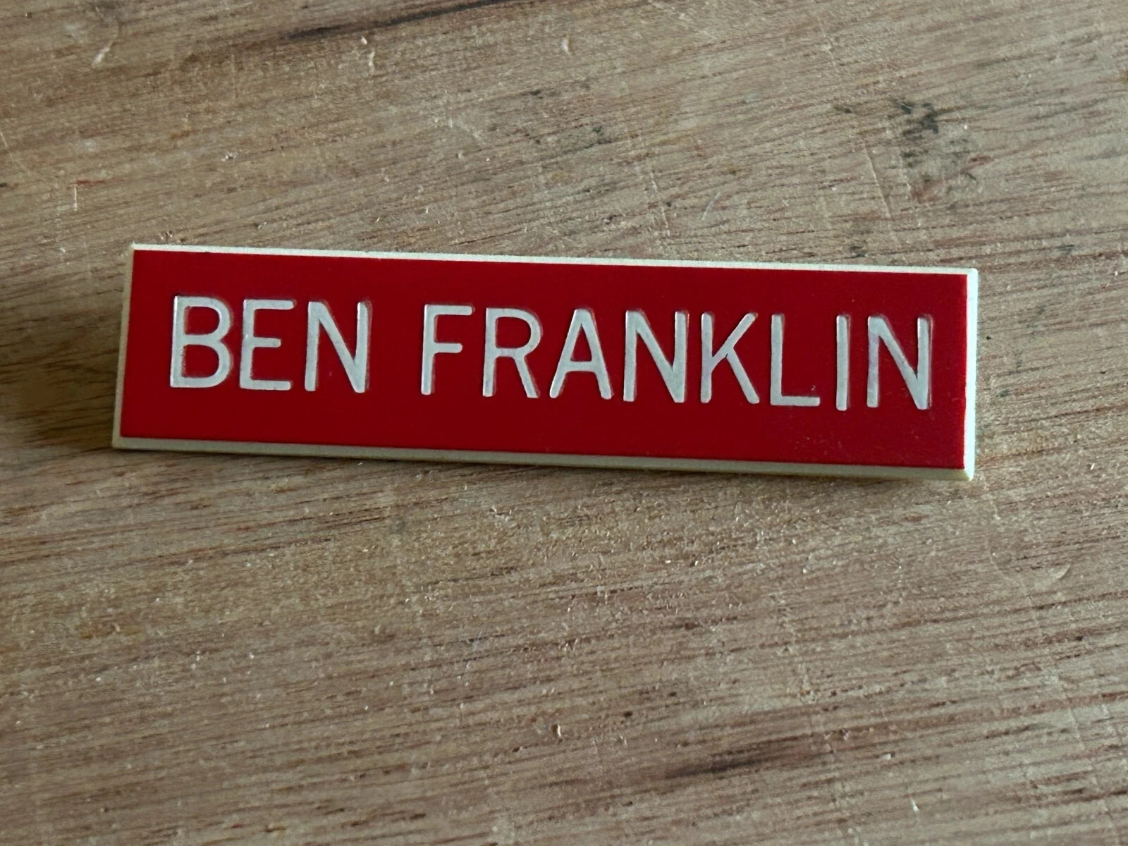 Ben Franklin Store Employee Badge Pin Vtg Plastic 3/4″ x 3″ Scarce Advertising