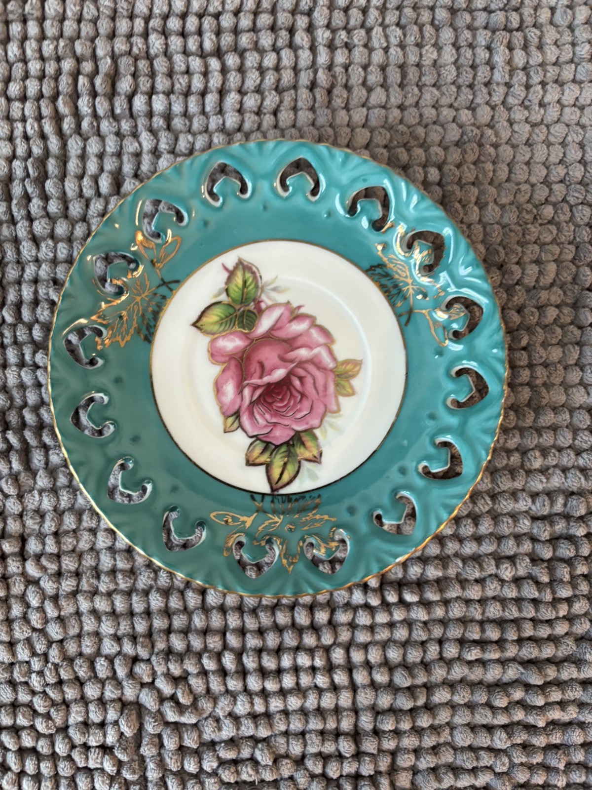 Royal Halsey Reticulated Teal Blue Rose/Gold Saucer