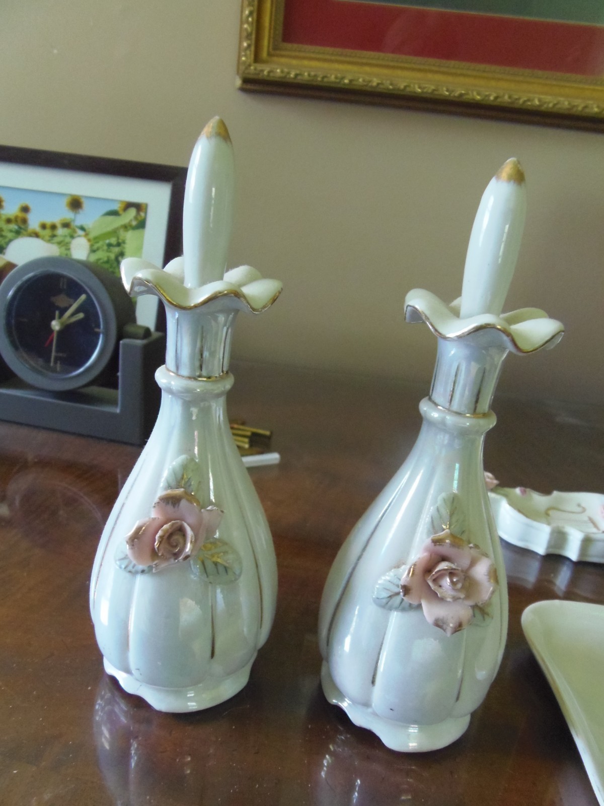 Vintage Porcelain Bone China Dresser Tray Set, Japan, White w/Pink Roses