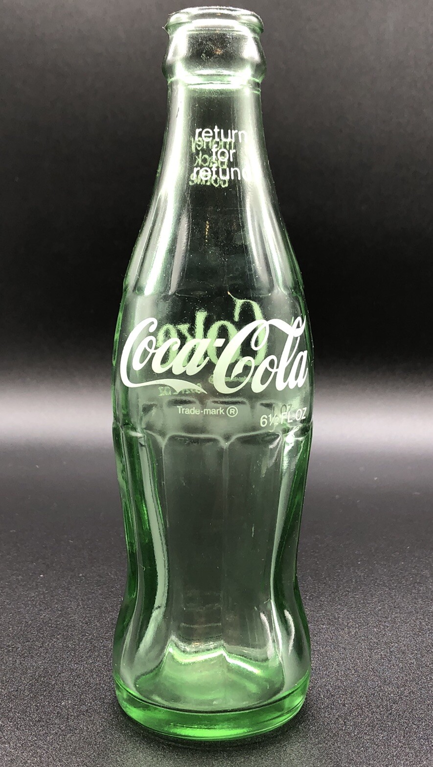 1990’s Coca Cola Coke 6 1/2oz Return for Refund Green Glass Money Back Bottle