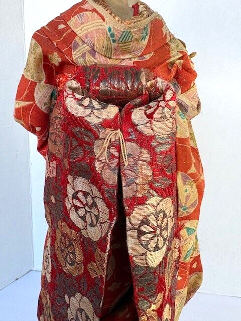 Vintage Japanese Geisha Doll In Traditional Kimono, Hand Made on Wood Base 18″