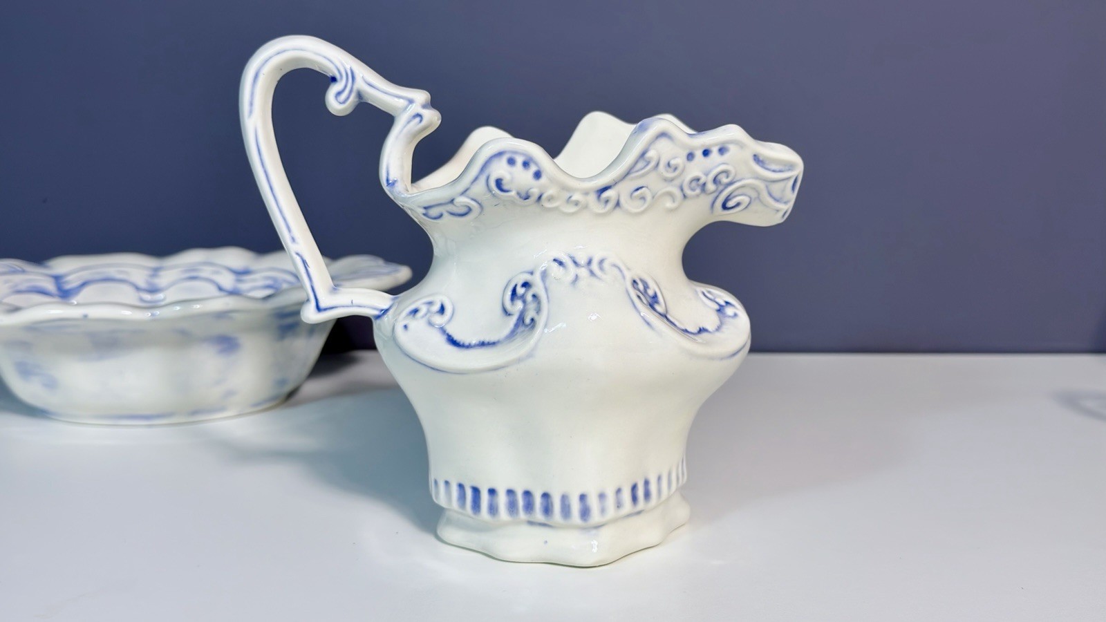Vintage Arnels Blue White Pitcher & Basin Bowl Set Mid Century Farmhouse