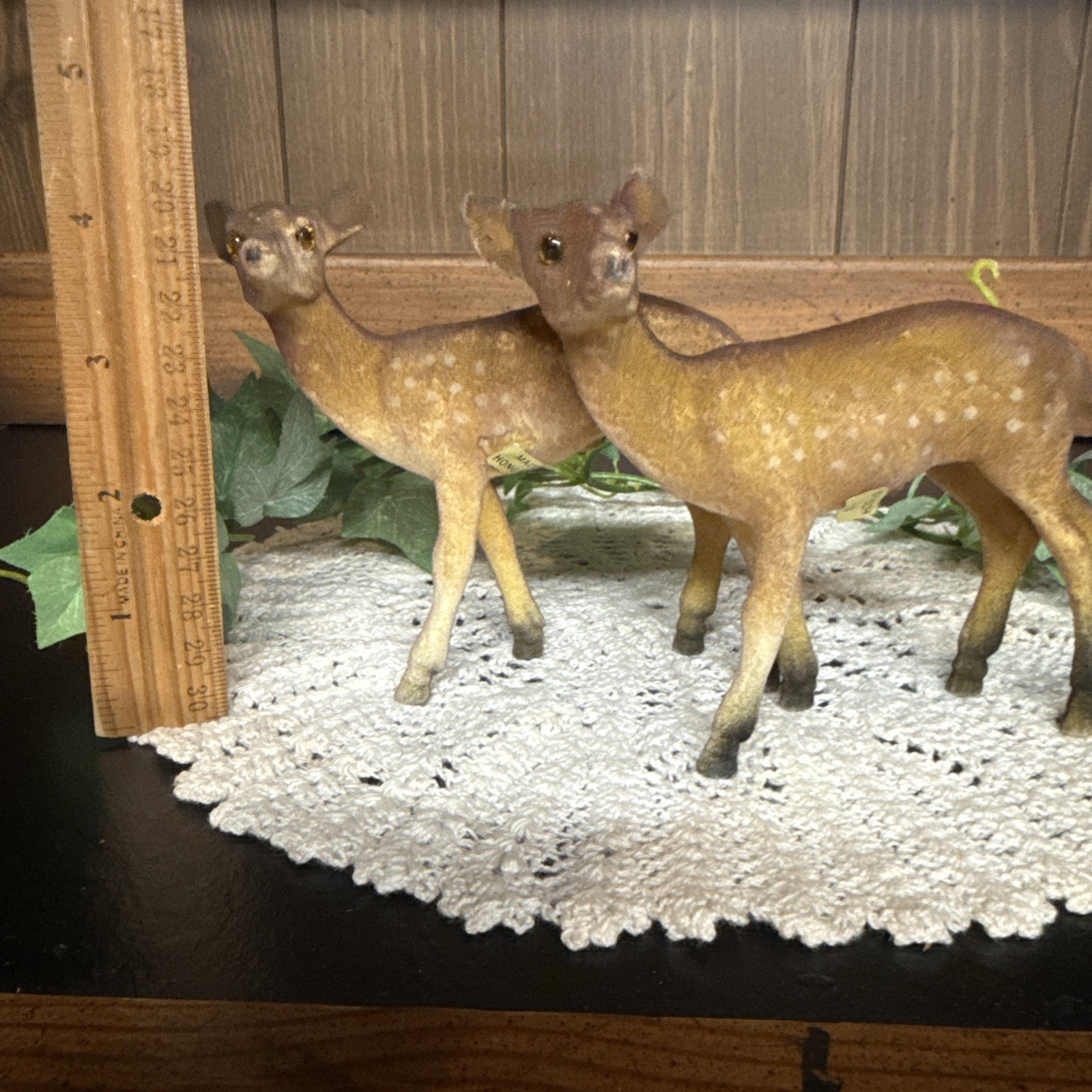 Vintage Flocked Deer Does Velvet/Felt Amber Glass Eyes Decor Hong Kong Set Of 2