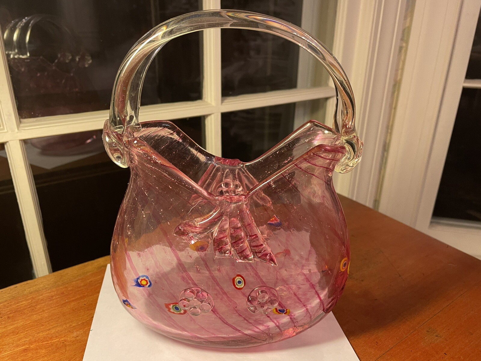 Hand Blown Glass Pink Art Glass Purse Vase Millefiori- Murano Style „