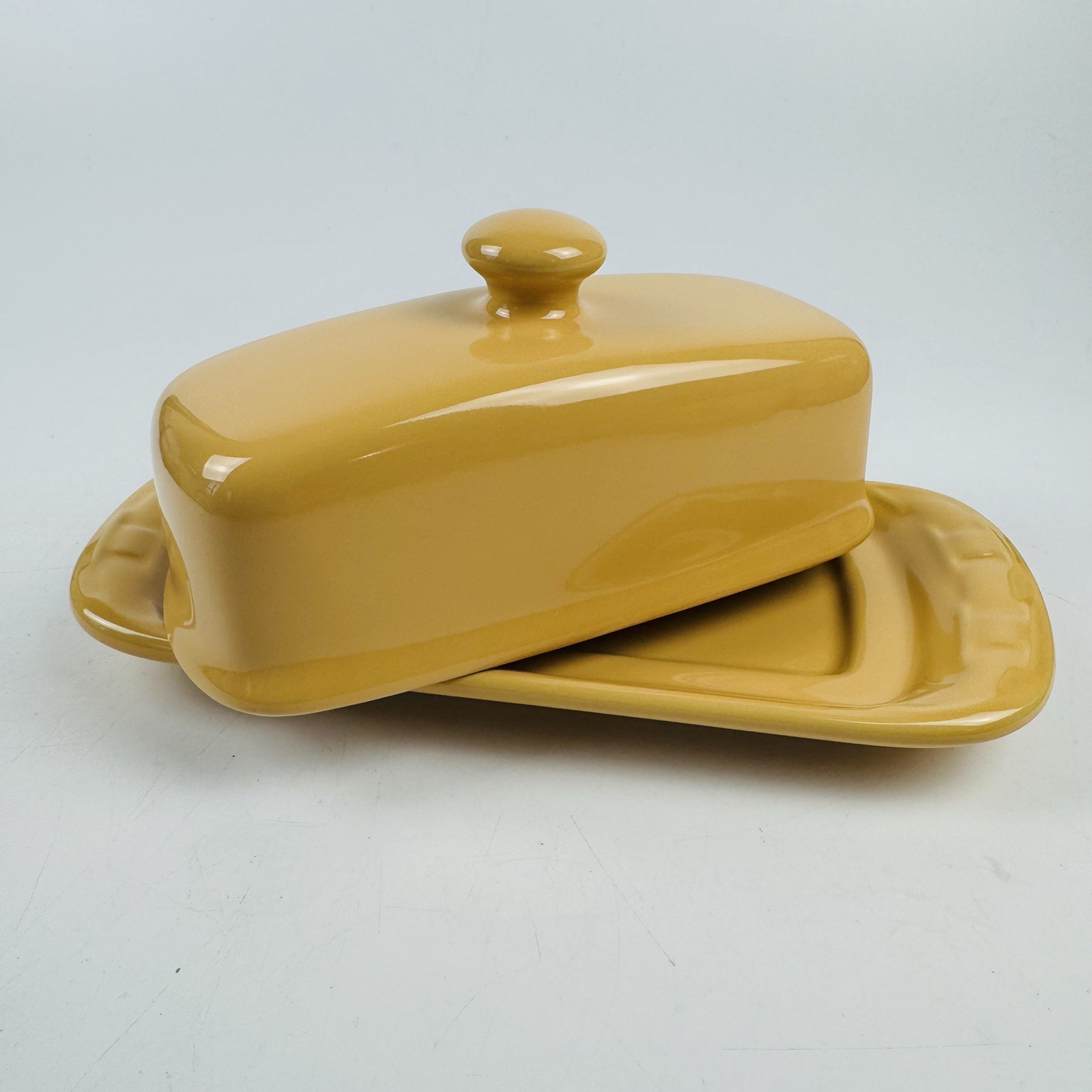 Longaberger Woven Traditions Yellow Pottery Butter Dish Covered Keeper 8.5”