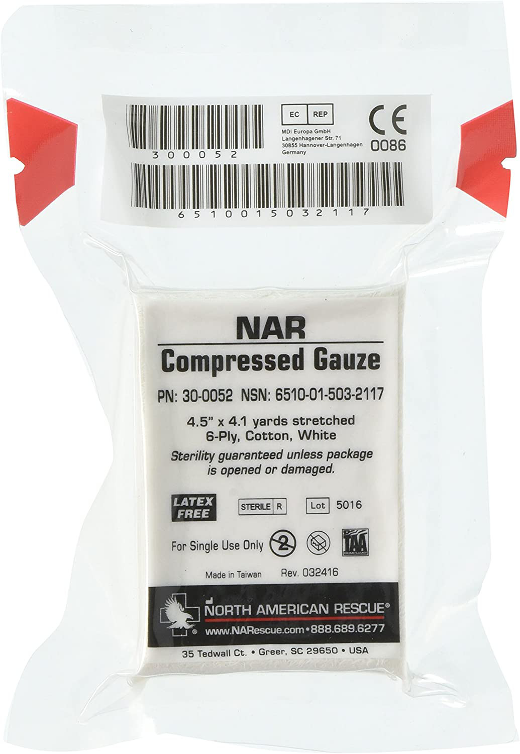 NAR Compressed Gauze 4.5 in. x 4.1 yd Sterile, 6-ply 30-0052