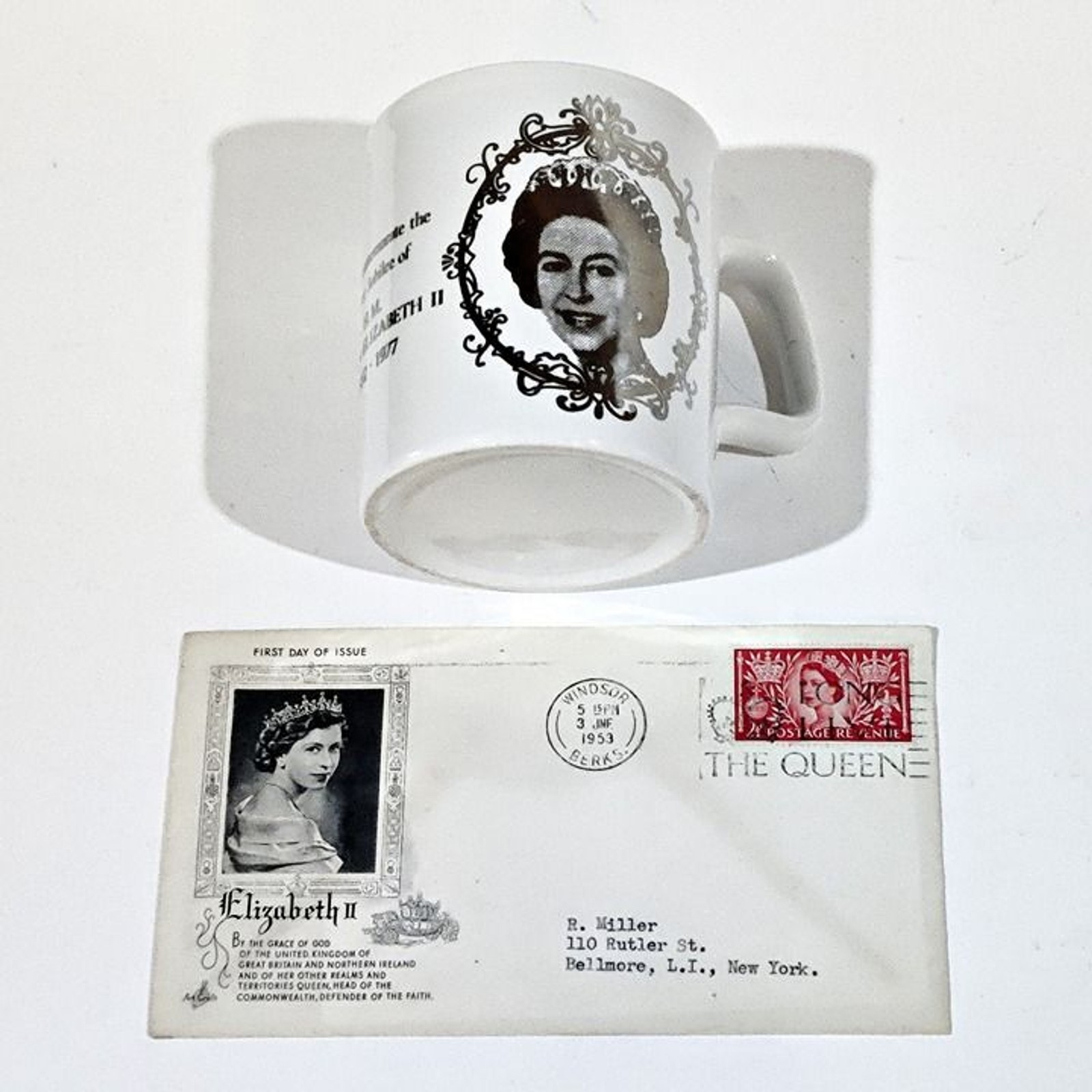 Queen Elizabeth Coronation First Day Cover 1953 and Silver Jubilee Mug – 1977