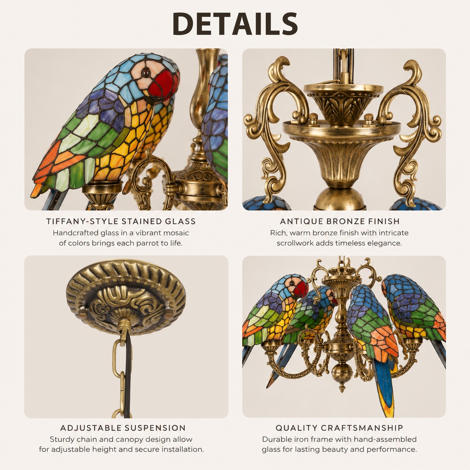 Tiffany Five Head Colored Glass Parrot Pendant With Light Source,adjustable,28in