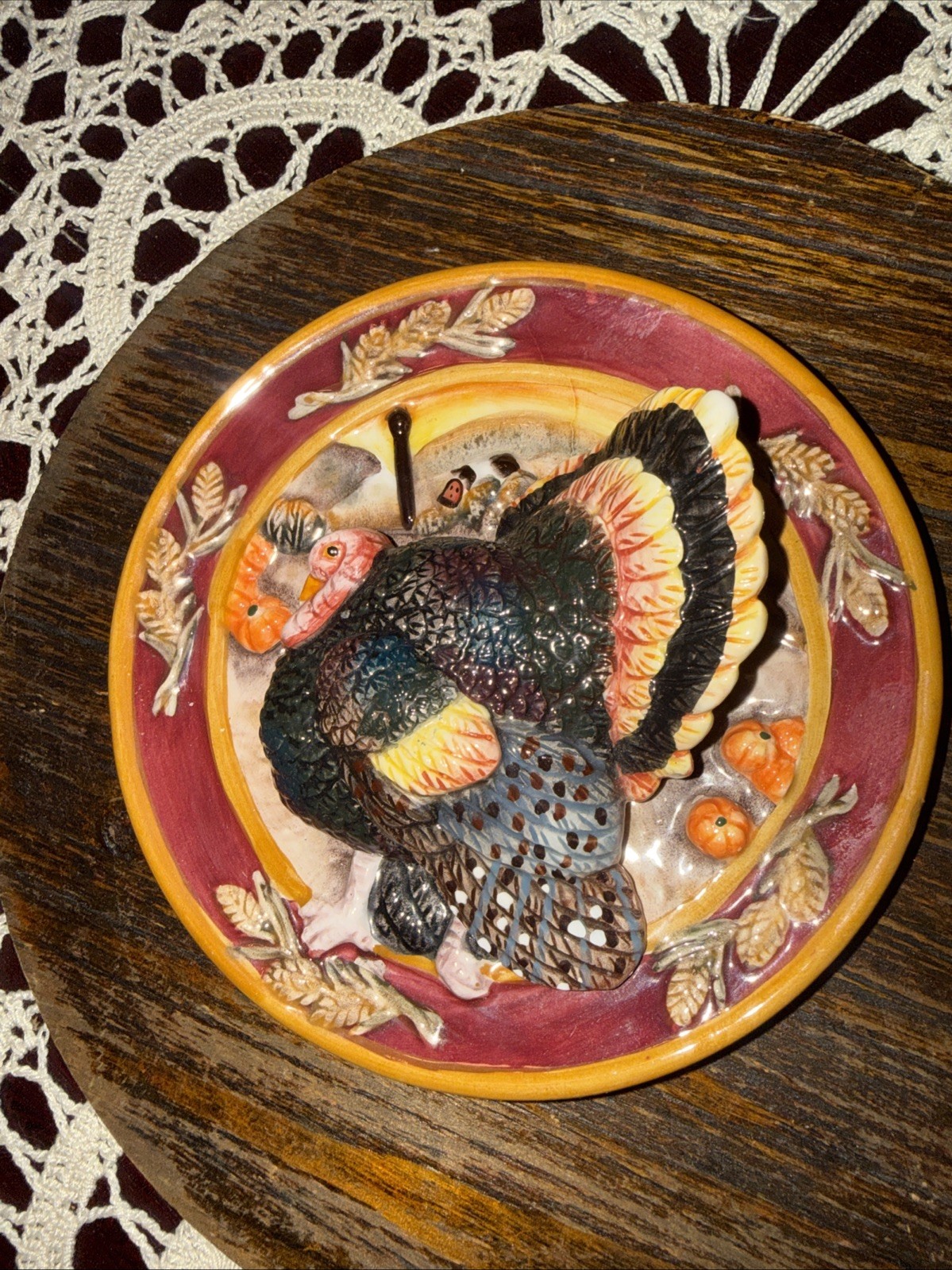 Thanksgiving Fall Turkey Miniature Plate Raised Design 3D w/ Hanger Decor
