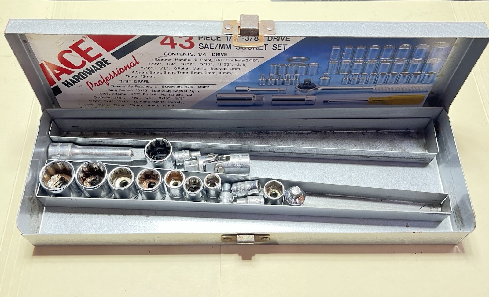 Vintage Ace Hardware Socket Box With Random Ace Sockets Accessories Used