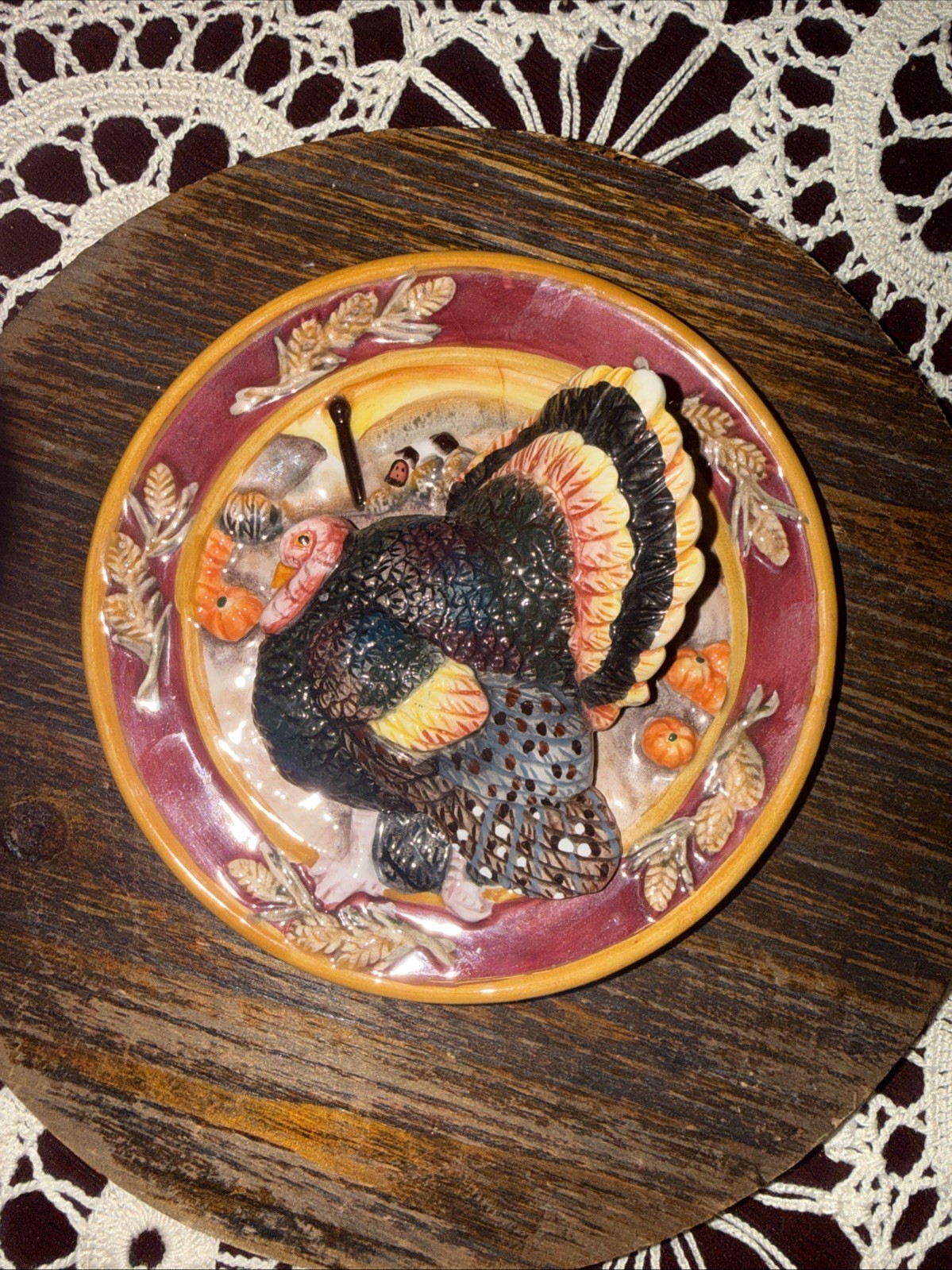 Thanksgiving Fall Turkey Miniature Plate Raised Design 3D w/ Hanger Decor