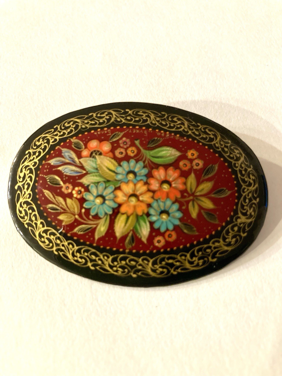 Vintage Oval Painted Button Black ,Red Floral Pattern Gold Trim One Large Button