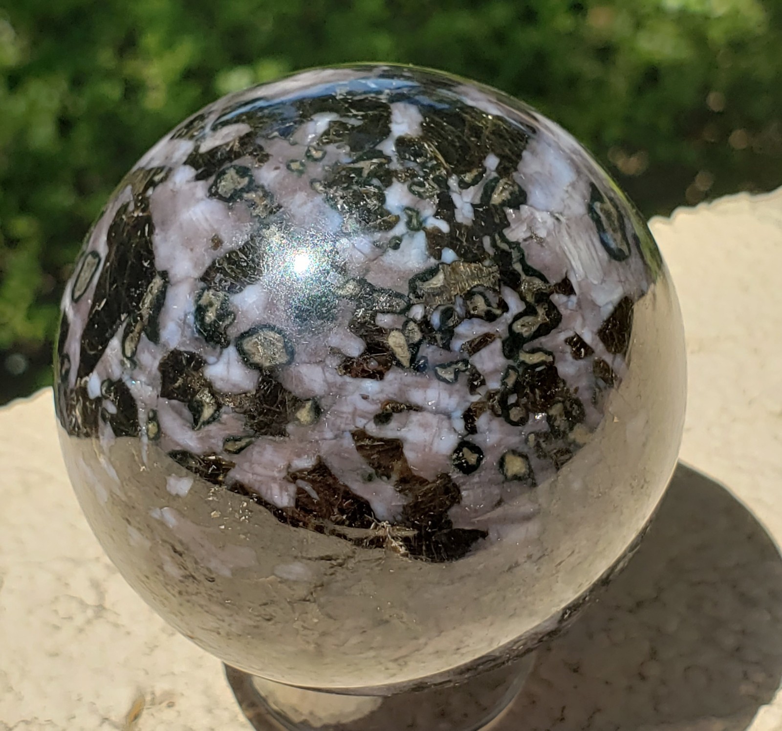 2.38″ Indigo Gabbro Mystic Merlinite Blizzard Stone Crystal Sphere, 351g or 12.4