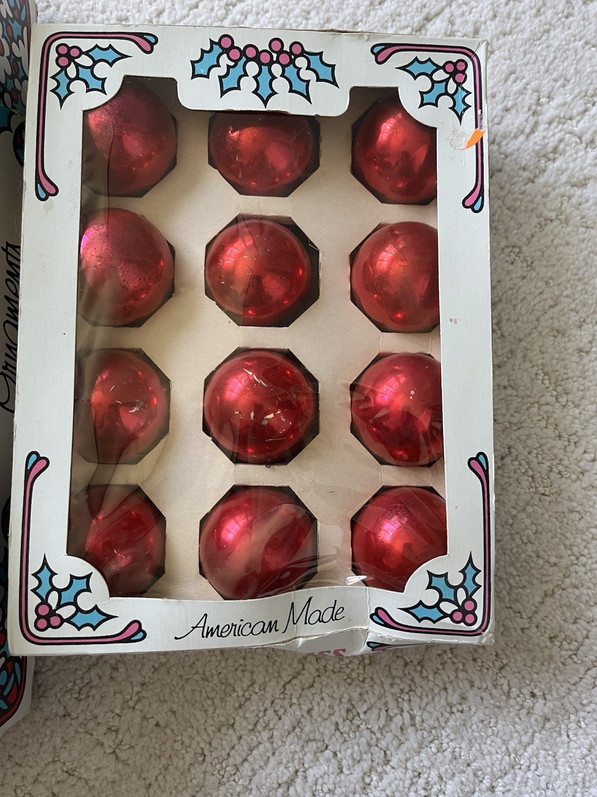 Vintage Holly Glass Red Christmas Ball Ornaments Lot 24 USA Original Boxes