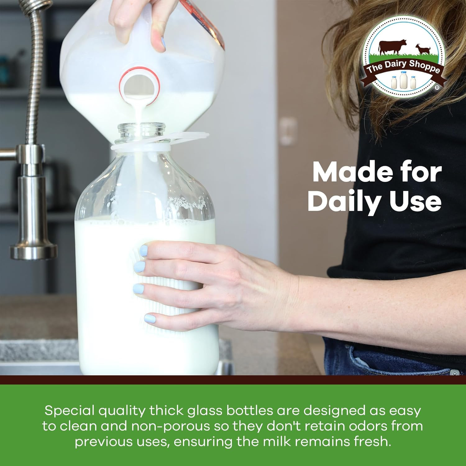 Heavy Glass Milk Bottles – Jugs with Lids, Silicone Pour Spouts – Clear Milk Con