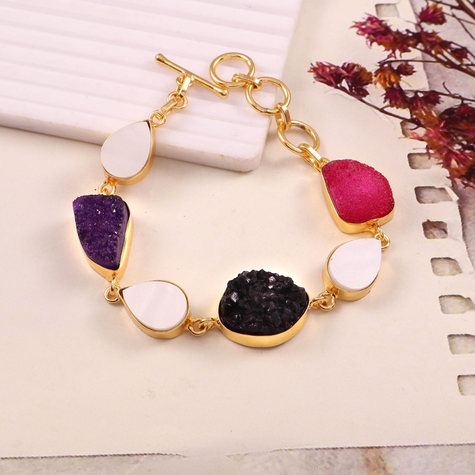 Valentine Gift Druzy Bracelet | Gold Plated Handmade Stone Bracelet for Her